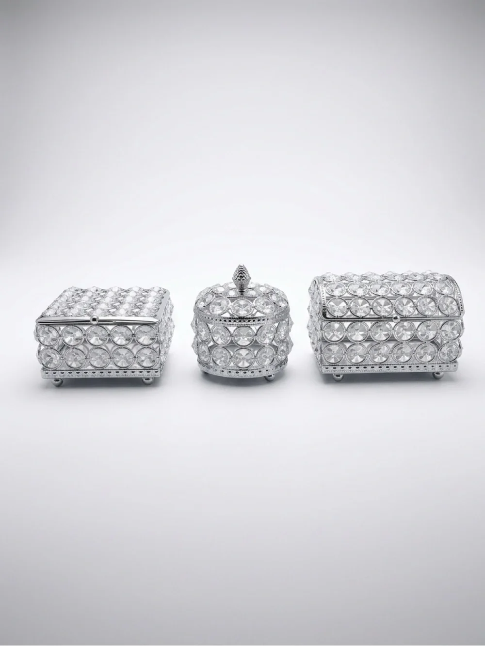 Crystal-Embellished Silver Jewelry Trinket Boxes Set